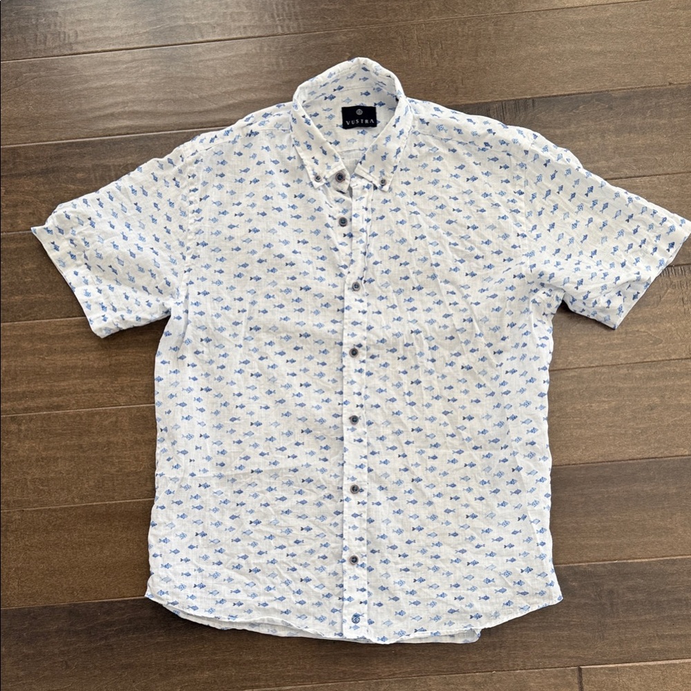 White Shirt with Blue Fish Pattern